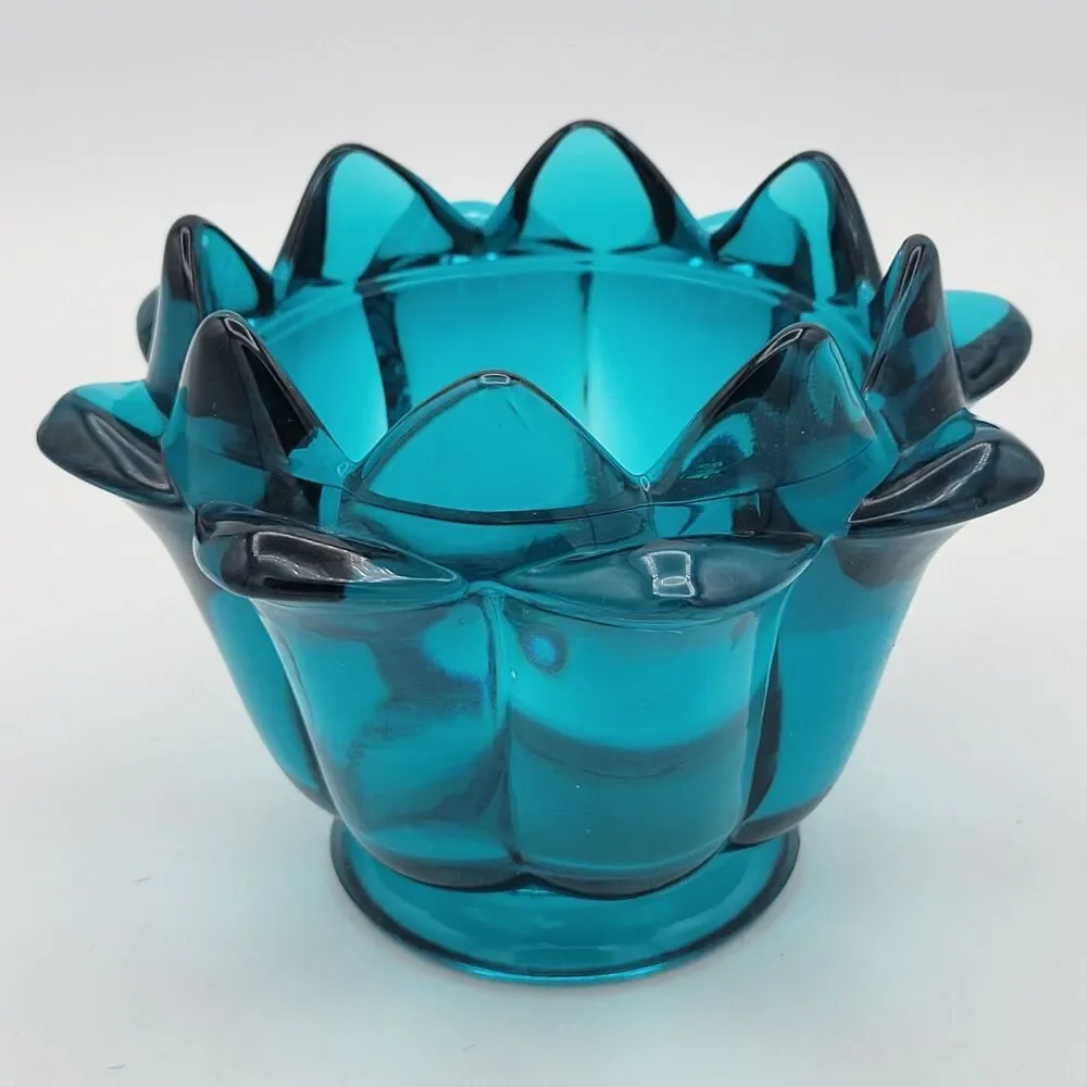 Stunning & Rare Viking Teal Blue Art Glass Lotus Bowl / Candle Holder